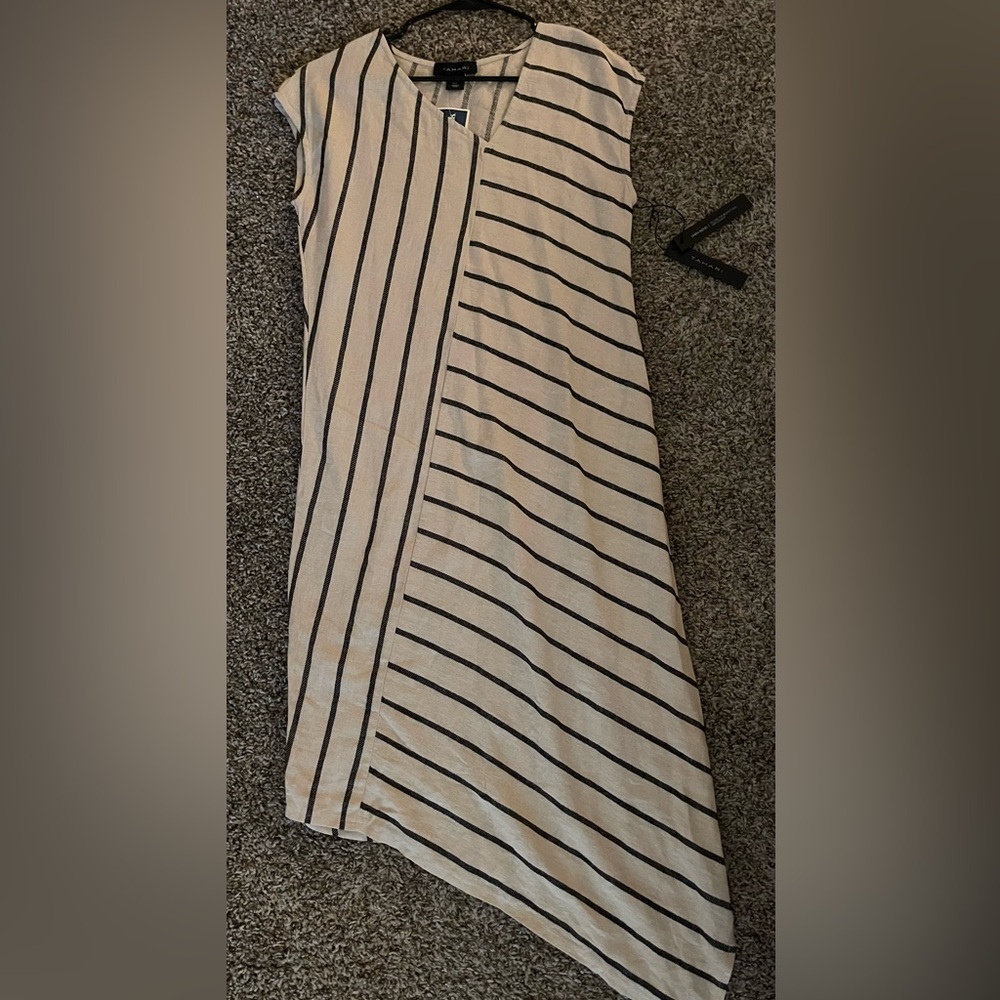 Tahari Asymmetrical Dress in Black and Cream Stripes